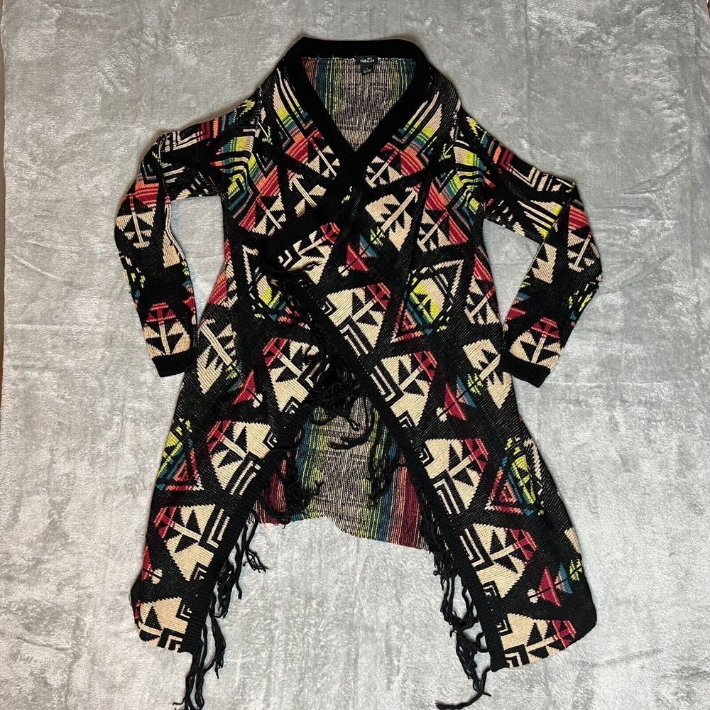 Rue 21 (Size S) Cardigan Sweater Duster Womens Knit Fringe Rainbow Boho SW Aztec